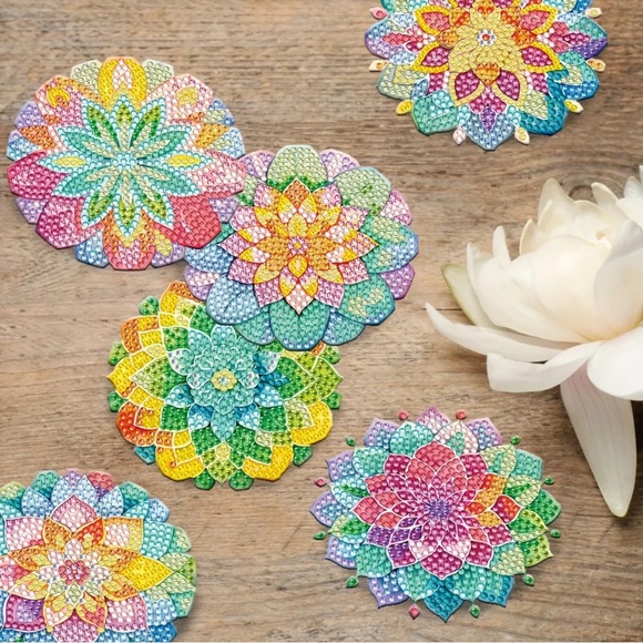 DIY 8 Lotus Flower Coasters, 5D Diamond Painting Kit W/ Tools and Rhinestones - Picture 3 of 7